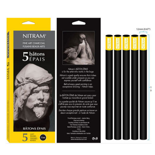 Nitram Charcoal Batons Epais Soft Round 12mm - 5 Pack